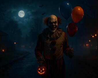 Può includere: Un pagliaccio minaccioso in costume di Halloween, con tre palloncini e una lanterna a forma di zucca. Il pagliaccio è in un ambiente buio e spettrale con la luna piena e lampioni, creando un'atmosfera agghiacciante.