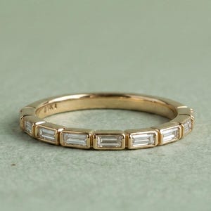 Baguette Cut Lab Grown Diamond Wedding Band, 14K Gold East West Ring, Baguette Diamond Bezel Eternity Band, Stackable Band, Gift For Her