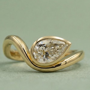 Pear Cut Lab Grown Diamond Curved Solitaire Ring, 14K Gold Bezel Set Engagement Ring For Wedding Gift, Lab Diamond Custom Ring Gift For Her