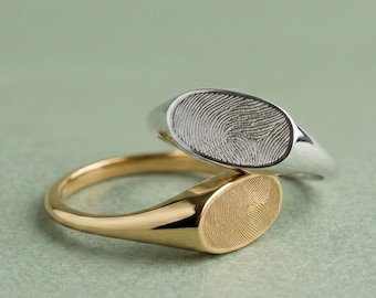 Pierścionek z odciskiem palca ze złota 14K, spersonalizowany pierścionek sygnetowy na prezent na Dzień Ojca, spersonalizowana biżuteria pamiątkowa, biżuteria z odciskiem palca na prezent dla pary