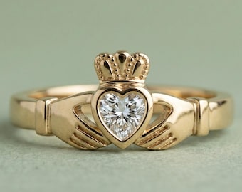 Anillo Claddagh de oro de 14 quilates, anillo de compromiso con diamante cultivado en laboratorio en forma de corazón, anillo celta vintage con diamante cultivado en laboratorio para mujer, anillo de promesa para ella.