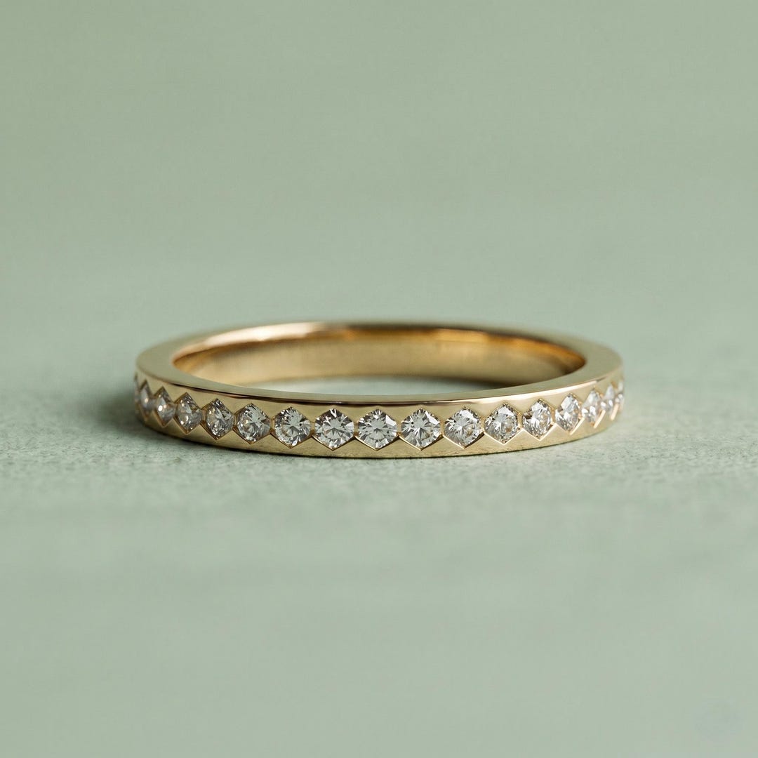 Round Cut Lab Grown Diamond Half Eternity Band, 14K Gold Flush Set ...