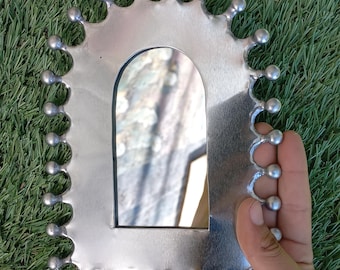 7 inch TIN MIRROR, small punched tin wall decoration handmade Mexican arched shape with spikes reflector