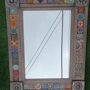 32" TIN MIRROR with mixed talavera tile, punched tin, Mexican embossed , wall decoration, handmade, rectangular