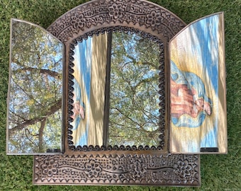 MIROIR EN ÉTAIN 16", étain perforé, gaufrage mexicain, décoration murale, fait main, arqué