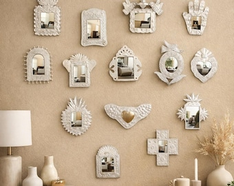 Hermoso espejo de hojalata perforada hecho a mano, decoración de pared, 7 pulgadas