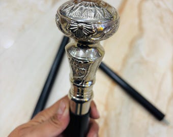 Vintage Wooden Walking Cane with Silver Brass Handle – Elegant Mobility Aid, Decorative Accessory