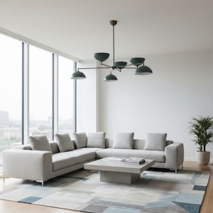 Lustre Mid-Century Moderne Bleu Dôme en Laiton | Suspension rétro