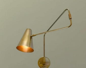 Mid-century Modern Brass Wall Sconce - Industrial Adjustable Swing Arm Wall Light - Handcrafted Gold Sconce for Bedroom, Living Room