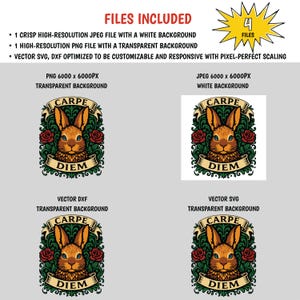 May include: Digital files featuring a detailed illustration of a rabbit with the words "CARPE DIEM". The design includes a rabbit head, roses, and decorative scrollwork. Files include JPEG, PNG, SVG, and DXF formats.