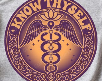 Know Thyself Spiritual PNG JPG Vector SVG | Caduceus Kundalini Third Eye Lotus Design | Temple of Delphi Inspiration 300dpi Digital Download