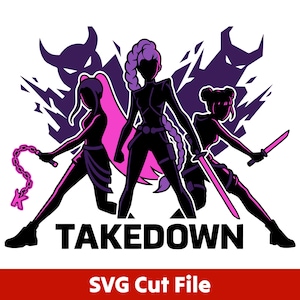 Może przedstawiać: Graficzna ilustracja przedstawiająca trzy postacie żeńskie w czerni, dzierżące broń. Słowo "TAKEDOWN" jest pogrubione, czarne. Tło zawiera fioletowe akcenty i sylwetki, z tekstem "SVG Cut File" na dole.
