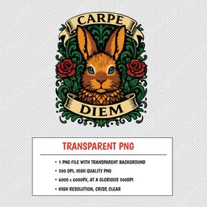 May include: A detailed illustration of a rabbit's head with blue eyes, surrounded by ornate green foliage and red roses. The words "CARPE DIEM" are displayed on banners. The image is a transparent PNG file.