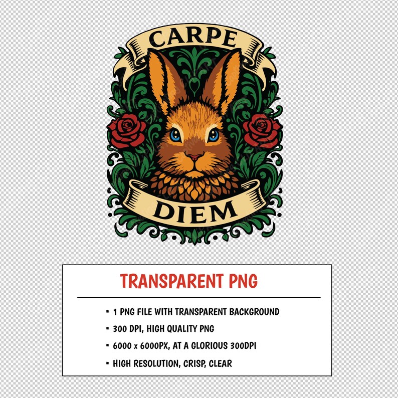May include: A detailed illustration of a rabbit's head with blue eyes, surrounded by ornate green foliage and red roses. The words "CARPE DIEM" are displayed on banners. The image is a transparent PNG file.