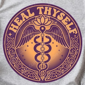 May include: A circular design with the text "HEAL THYSELF" in orange, surrounding a central emblem. The emblem features a caduceus with wings, a lotus flower, and seven star-like symbols, all in orange and purple.