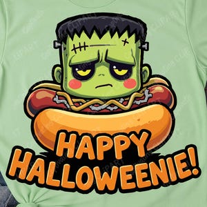 Happy Halloweenie Vector SVG | Frankenstein Hotdog Clipart | Funny Spooky Wiener PNG JPEG | Cute Halloween Sublimation for Shirts & Crafts