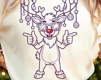 Cool Rudolph Red Nose Reindeer SVG Cut File  | One-Color Cricut Silhouette DXF| transparent_PNG & JPEG 300dpi | Christmas Reindeer Clipart