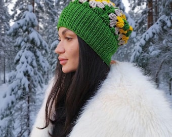 Handmade Granny Square Beanie | Crochet Knit Wool Blend Hat, Floral Design