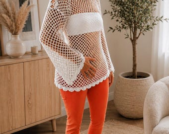 Chemisier au crochet fait main, haut en résille turquoise, tunique d'été bohème, tenue de plage, haut en crochet pour festival