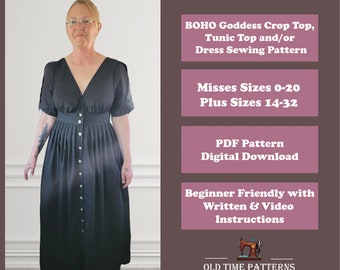 Mönster för klänning med V-ringning och låg urringning i PDF-format, Missar och plusstorlekar, PDF-mönster, digital nedladdning