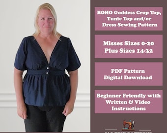 Mönster för sommarblus med v-ringning i PDF-format, damtoppsömnad, missar och plusstorlekar, PDF-mönster, digital nedladdning