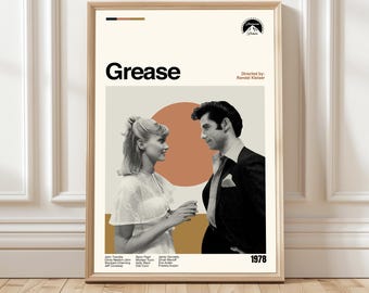 Póster de la película Grease, arte moderno de mediados de siglo, impresión minimalista de la película.