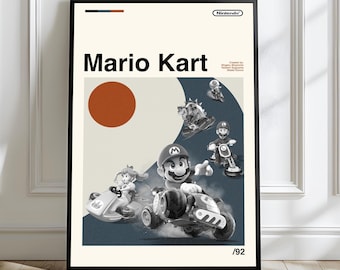 Mario Kart-poster, moderne kunst uit het midden van de eeuw, minimalistische print