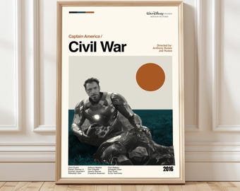 Plakat „Kapitan Ameryka: Wojna bohaterów”, sztuka modernistyczna z połowy XX wieku, minimalistyczny wydruk filmowy