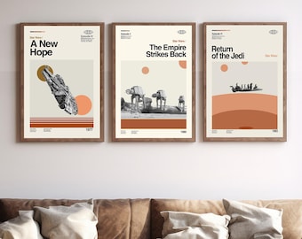 Star Wars poster met 3 packs, moderne kunst uit het midden van de eeuw, minimalistische filmprint, wanddecoratie
