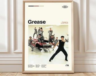 Póster de la película Grease, arte moderno de mediados de siglo, impresión minimalista de la película.