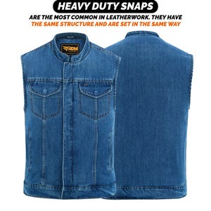 May include: A denim vest with a stand-up collar and two front pockets. The vest is a medium blue wash and has a front and back view. The text "HEAVY DUTY SNAPS" is at the top of the image.