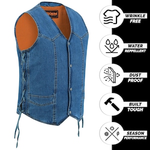 May include: A blue denim vest with a V-neck and button closure. The vest has a brown interior lining and side laces. Features include wrinkle-free, water-repellent, dust-proof, built tough, and season performance.