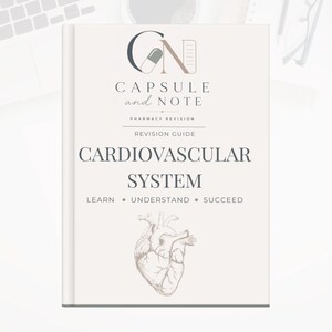 May include: A book titled "Cardiovascular System" with the text "Capsule and Note" and a drawing of a heart. The book is a revision guide for pharmacy students. The cover is off-white with black and gray text and illustrations.