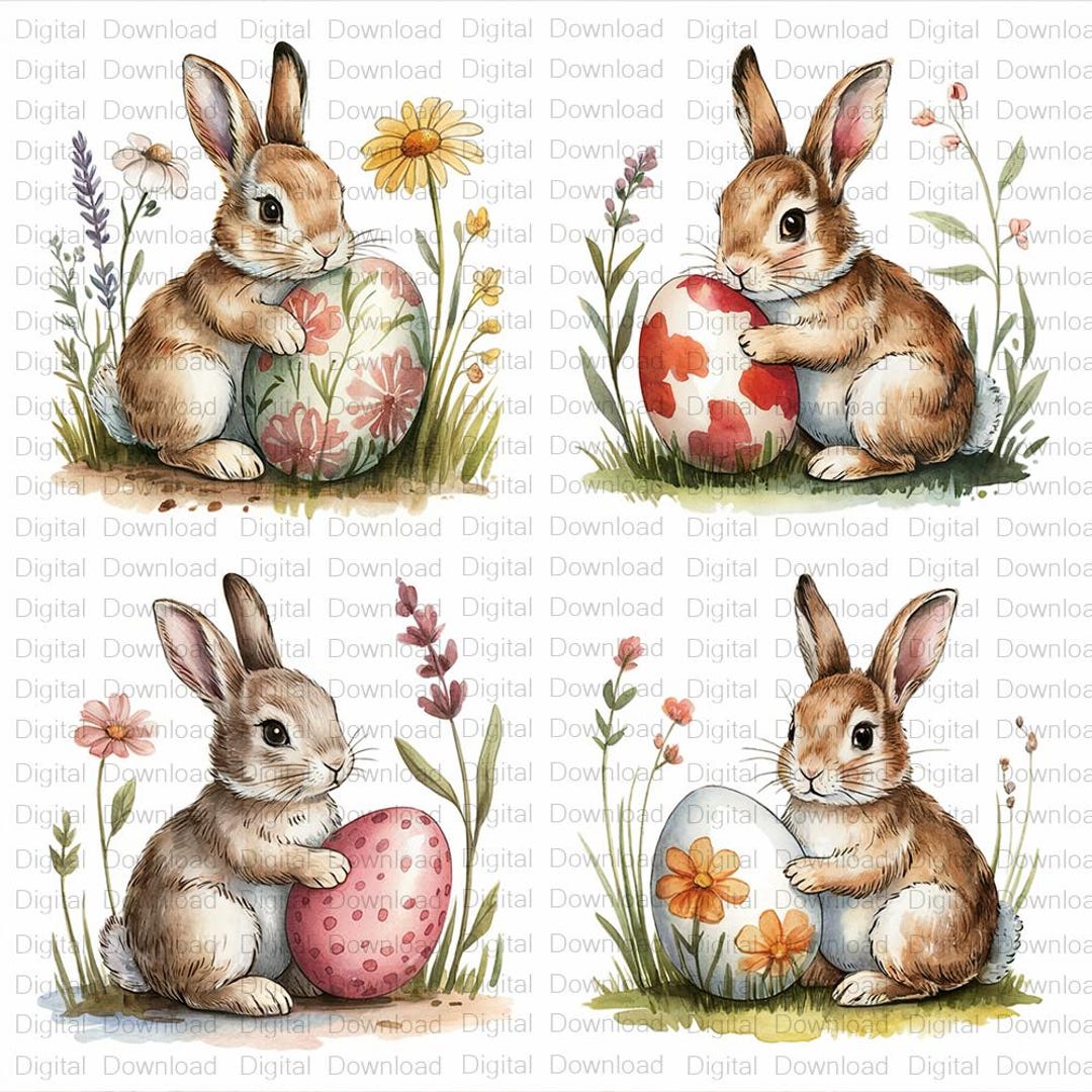 Easter Bunny Watercolor Clipart Set: Floral Eggs PNG (digital Download ...
