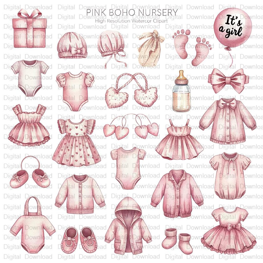 Pink Boho Nursery Clipart: Watercolor Baby Girl Set (PNG Digital ...