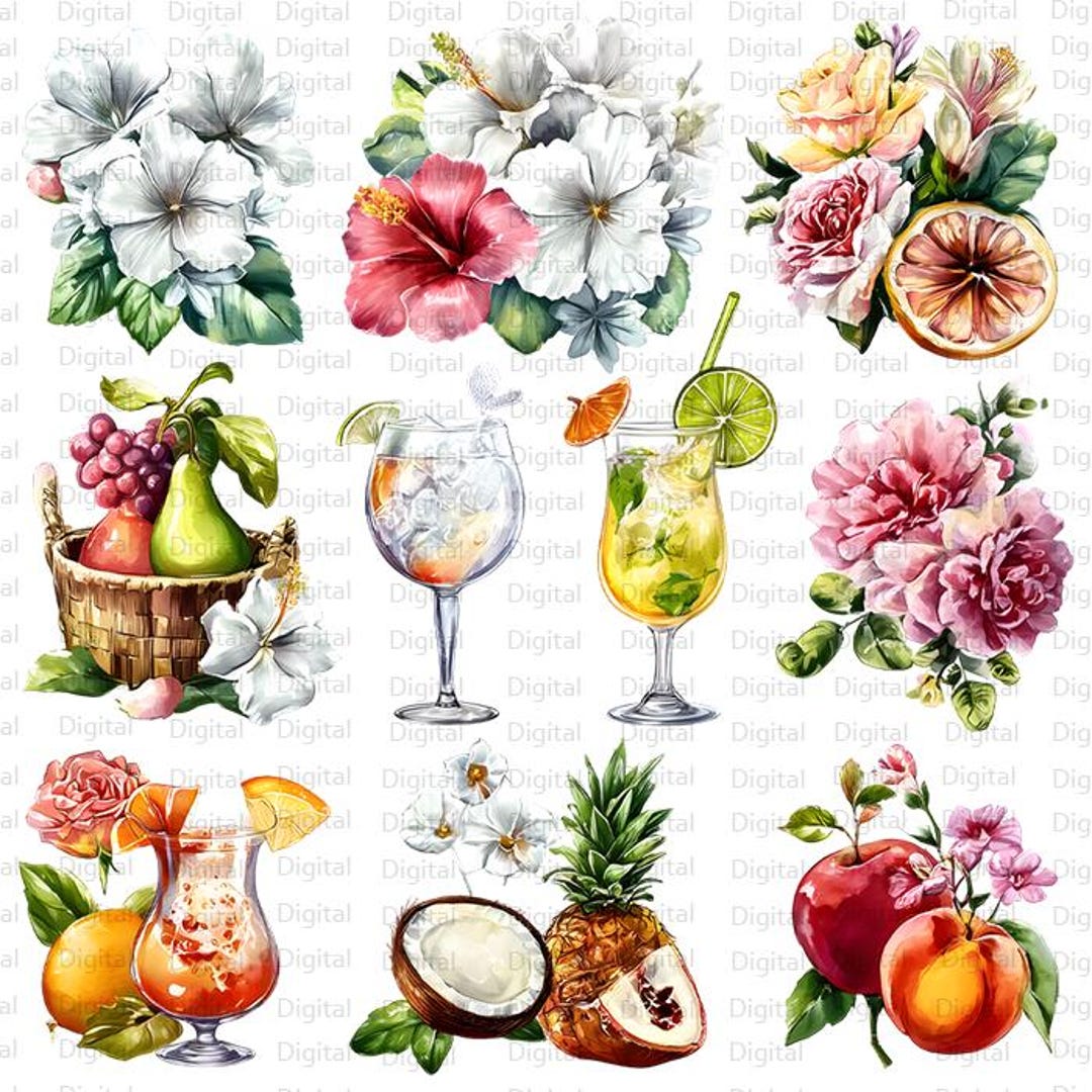 Floral Coctail Watercolor Clipart Bundle: Drink Graphics (digital ...