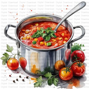 Puede incluir: Ilustración en acuarela de una olla de acero inoxidable llena de sopa de tomate, maíz y verduras. Una cuchara plateada descansa en la sopa. Tomates frescos, perejil y granos de pimienta rodean la olla, creando una imagen vibrante.