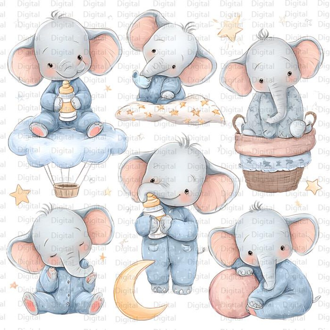Baby Elephant Watercolor Clipart Bundle: Nursery Watercolor (PNG ...