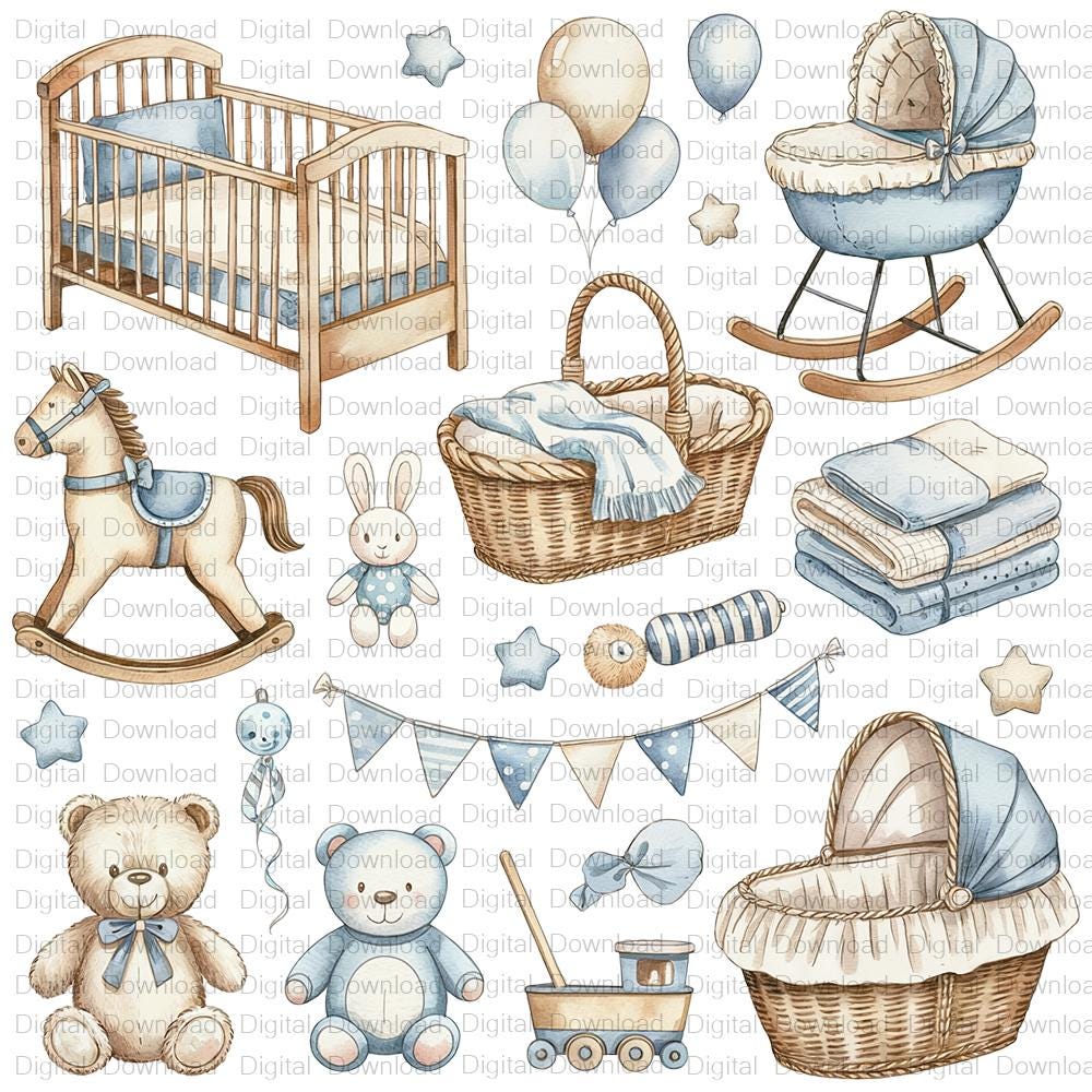 Watercolor Baby Boy Clipart: Nursery Decor PNG Bundle (digital Download ...