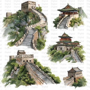 The Great Wall of China Watercolor Clipart: Chinese Landmark PNG Bundle (Digital Download)