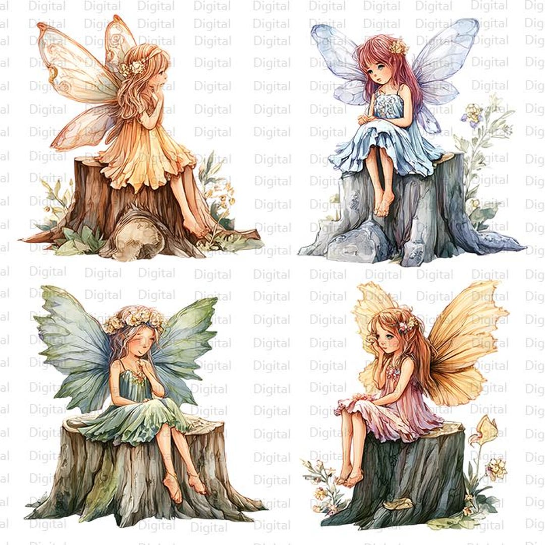 Watercolor Forest Fairy Clipart Bundle: Tree Stump PNG Graphics ...