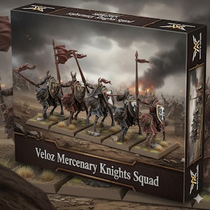 May include: A box set featuring a Veloz Mercenary Knights Squad. The box art depicts a mounted knight unit with lances and shields, charging into battle. The knights are clad in armor, with banners and flags. The background shows a battlefield with a dark, stormy sky.