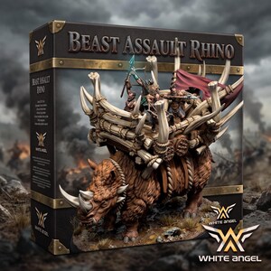 Giant War Rhino with Howdah and Beastfolk Crew for Dungeons and Dragons - Feral War Machine - Free Base Included