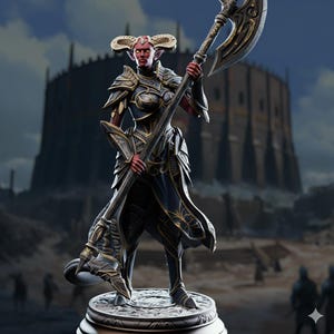 May include: A detailed figurine of a female demon warrior with red skin, golden horns, and armor. She holds a large battle axe with intricate gold detailing. The background features a dark castle and a cloudy sky.