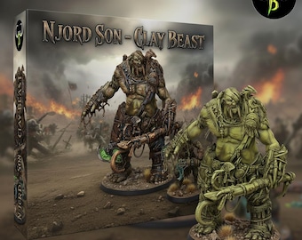 May include: A box and miniature figures of the "Njord Son - Clay Beast." The box features a battle scene with a large, muscular figure. The figures are detailed with green and brown tones, holding weapons, and standing on circular bases.