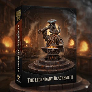 Könnte beinhalten: Produktbox mit einer detaillierten Illustration einer Zwerg-Schmied-Figur. Der Zwerg, mit langem Bart und gehörntem Helm, hält einen Hammer über einem Amboss. Die Box trägt die Aufschrift "The Legendary Blacksmith" und "Dwarf Empire".