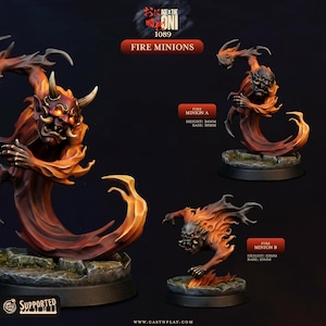 Op de afbeelding: Miniatuurfiguren van Fire Minions, met vurige oranje en rode details. De afbeelding bevat twee verschillende poses, gelabeld als Fire Minion A en B, met hoogte- en basismetingen in mm. De tekst "AGE OF THE ONI" en "FIRE MINIONS" is ook zichtbaar.