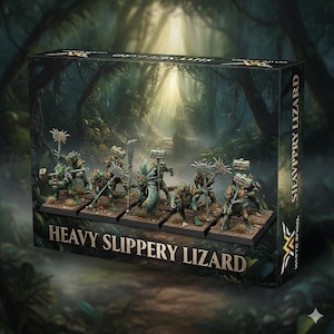 Puede incluir: Set de caja con figuras en miniatura de guerreros Heavy Slippery Lizard. Las figuras son verdes y marrones, con armaduras y armas detalladas. La caja tiene un fondo de escena de jungla y el texto "Heavy Slippery Lizard".