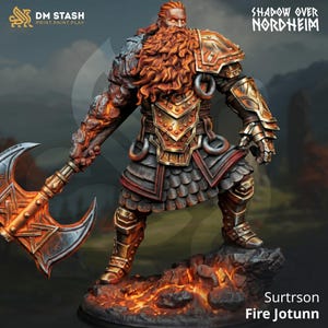 Vuurreus miniatuur - Surtson Boss Monster - DM Stash - Fantasy RPG figuur - Inclusief gratis voetstuk - Hoogwaardige ABS-hars - Zeer gedetailleerd 28-32 mm