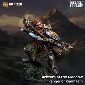 May include: Achtum of the Meadow, a miniature figure of a ranger from Renmaeth, stands on a tree stump. The figure is clad in detailed armor with a shield and weapon. The figure has a red beard and is set against a blurred background.